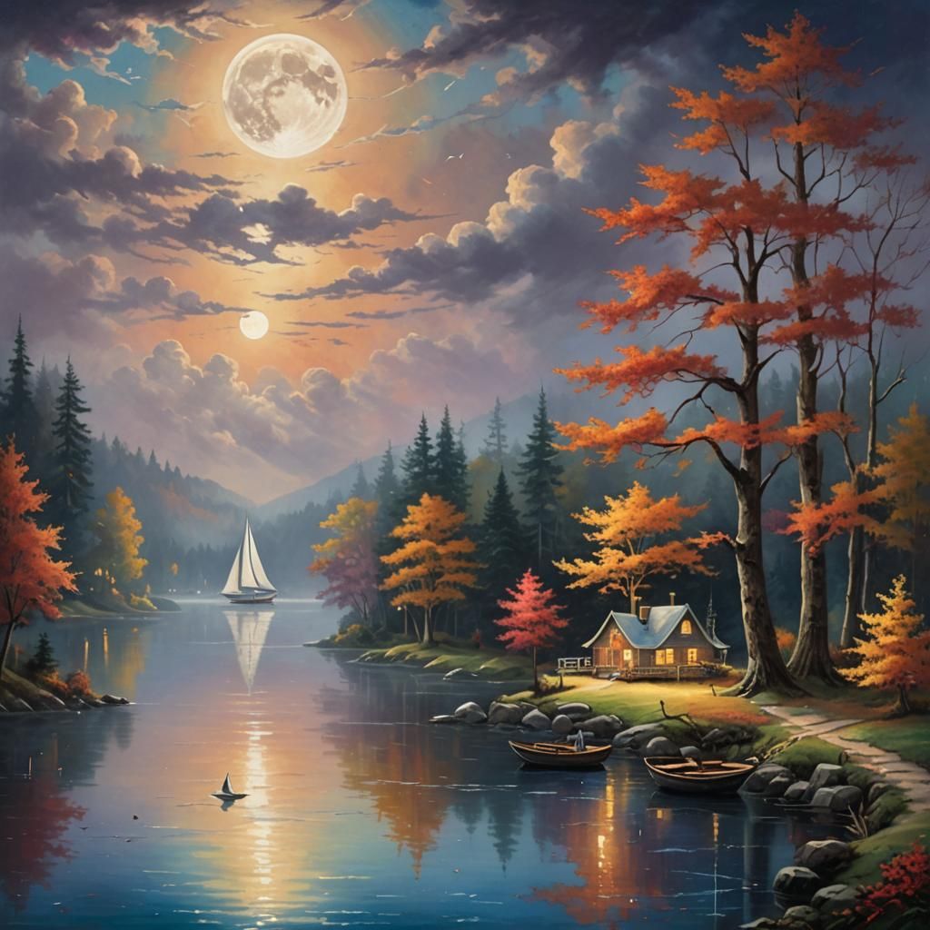 Surreal Moonlit Lake Painting with Autumnal Trees