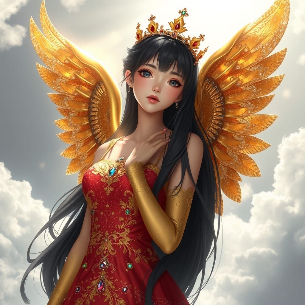 Anime Art Angel with Golden Wings and Crown