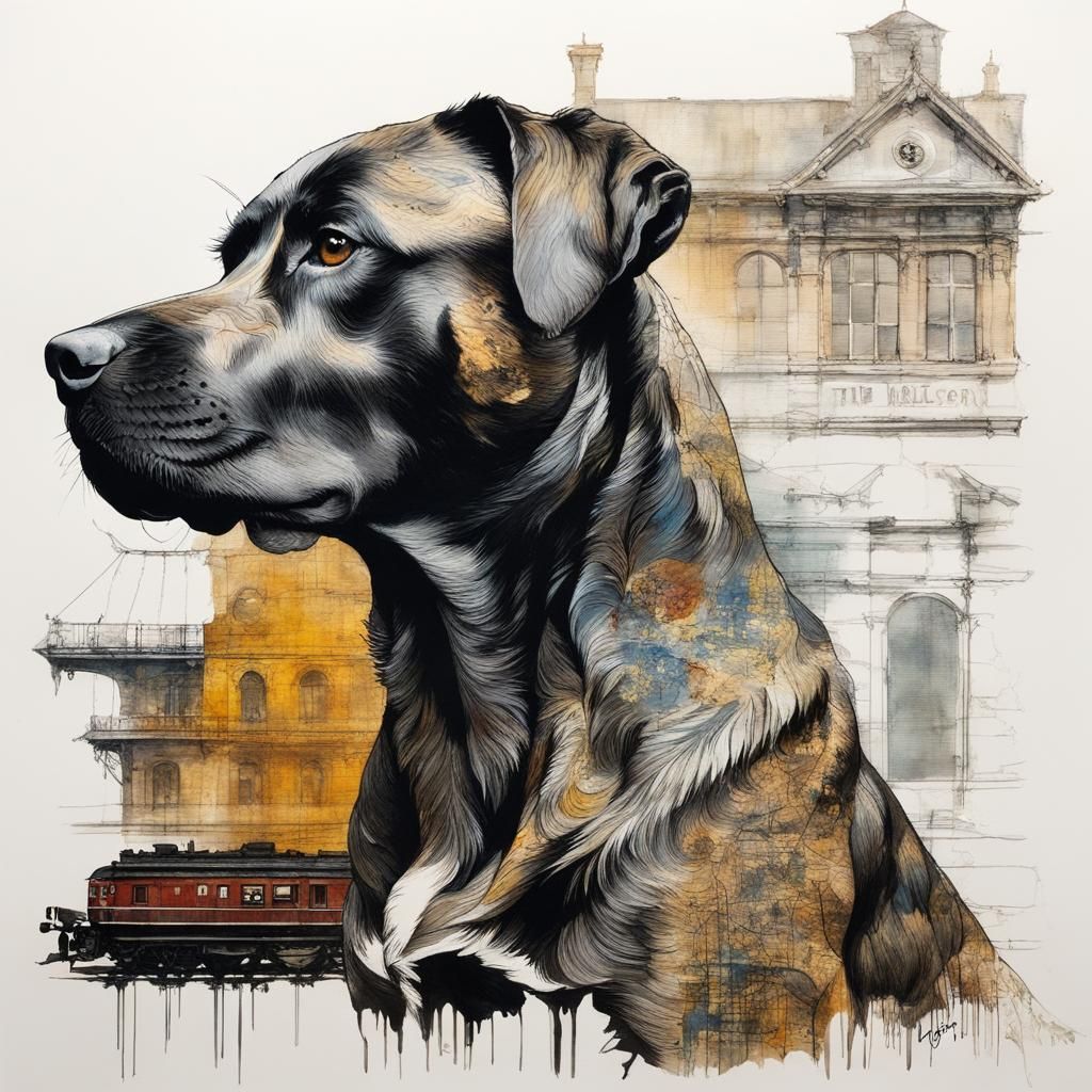 Dog and Railway in Double Exposure Gouache
