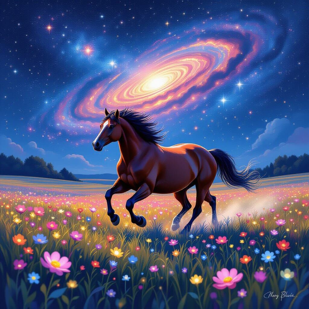 Majestic Mustang Gallops Through Bioluminescent Flowers