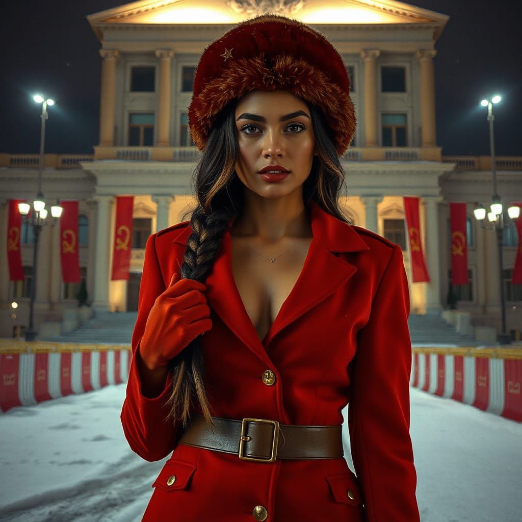 Latina Woman in Red Military Coat in Snowy City