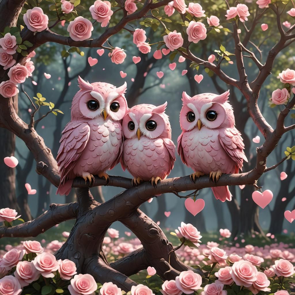 Cute Pink Owls in Heart Tree, Anime Art