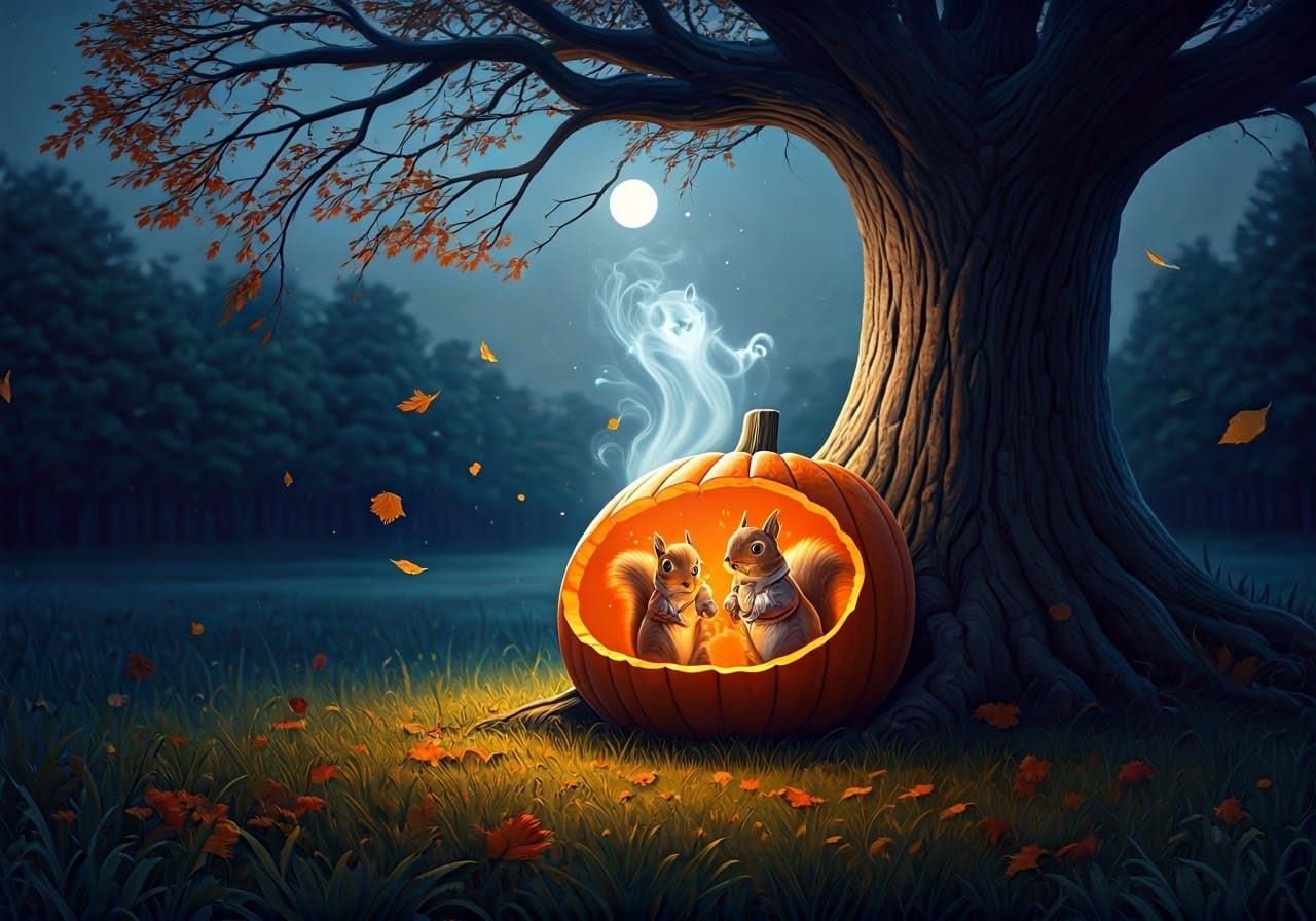 Squirrel Family Halloween Pumpkin Scene, Ghibli Style
