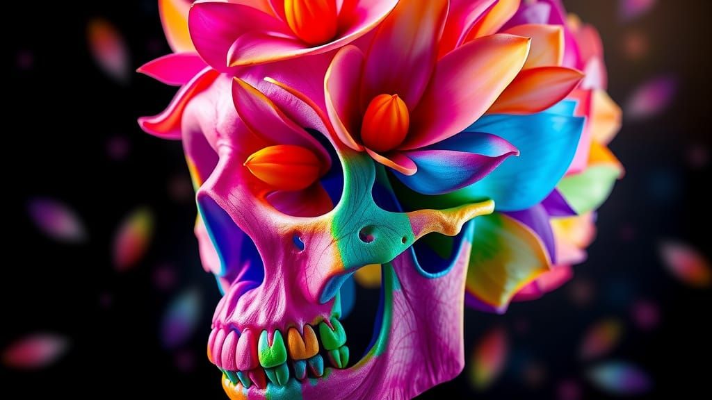 Rainbow Floral Skull in Playful Digital Art Style