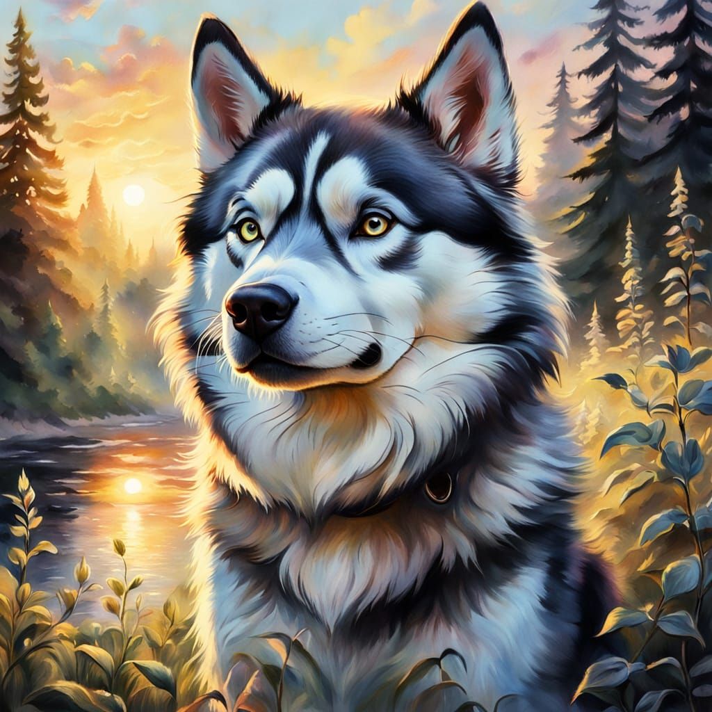 Husky in Summer: Ethereal Gouache Charcoal Drawing
