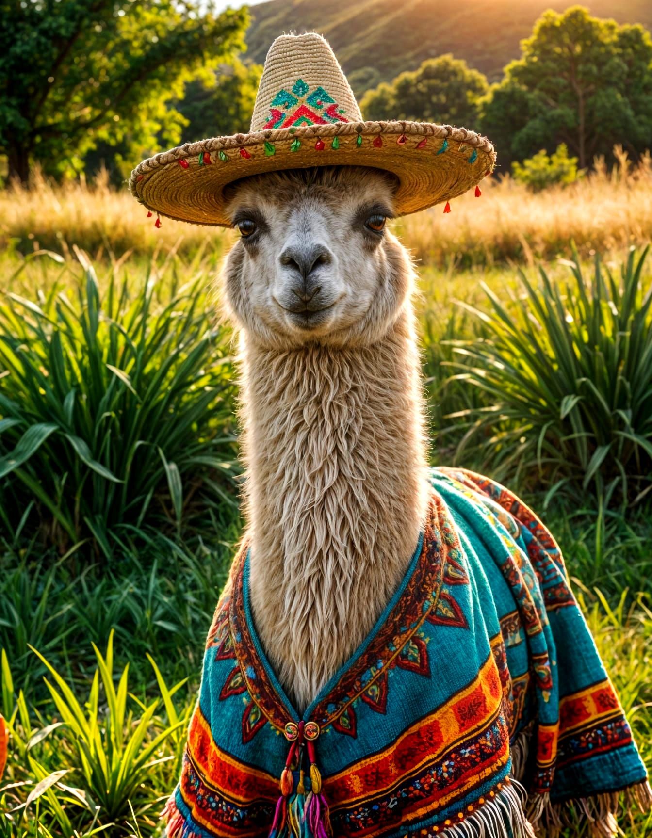 Llama in Sombrero in Lush Green Field