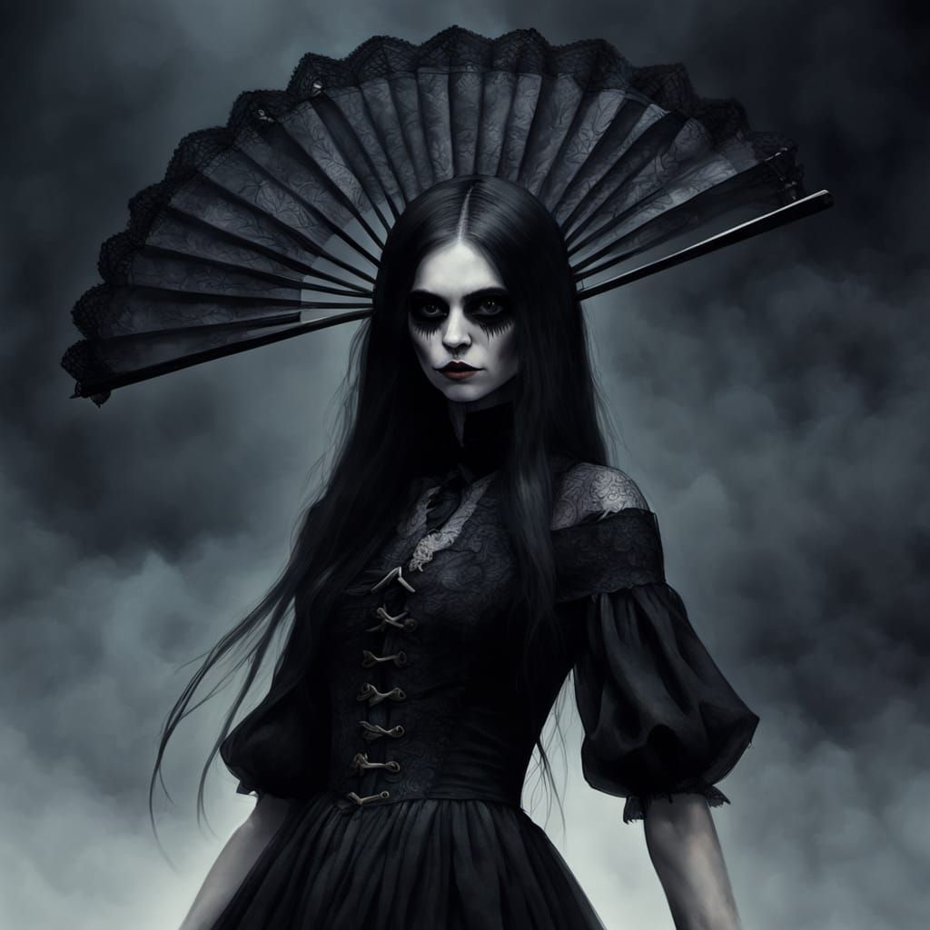 Ethereal Skeleton Girl in Victorian Mourning Attire