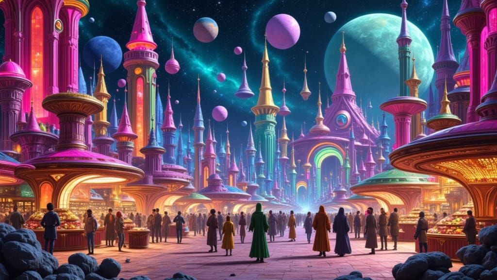 Vibrant Alien Market Scene in Retro-Futuristic Style