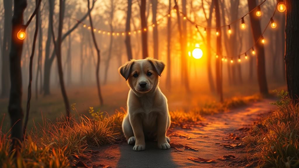 Puppy in Gleaming Forest at Sunset