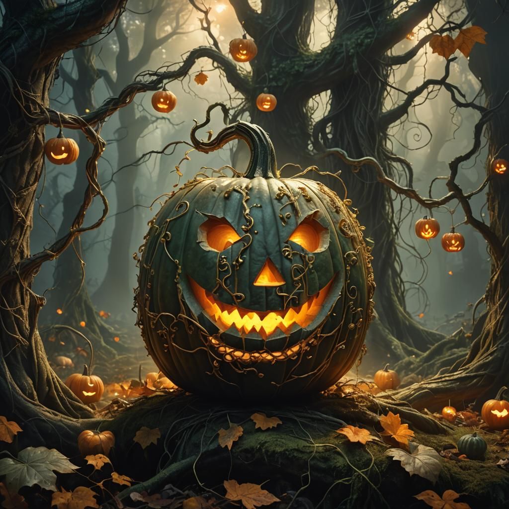 Grotesque Pumpkin in Mystical Forest, Fantasy Concept Art