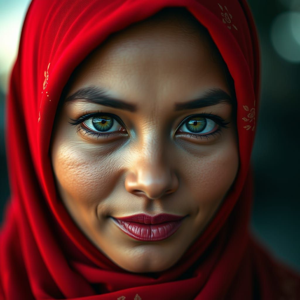 Woman in Red Hijab with Vibrant Eyes in Intimate Realism Sty...