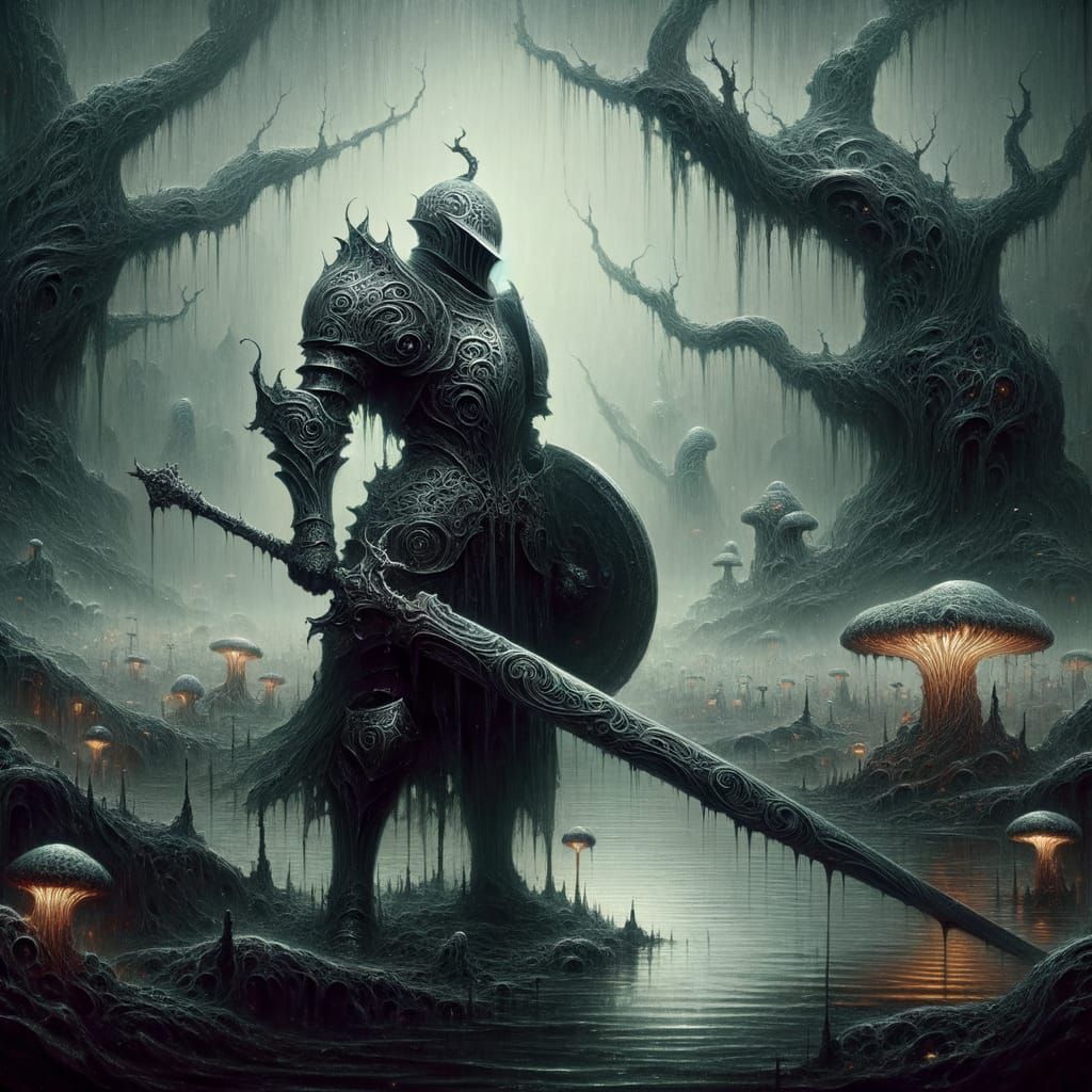 Knight Hunts in Glowing Fantasy Marshland