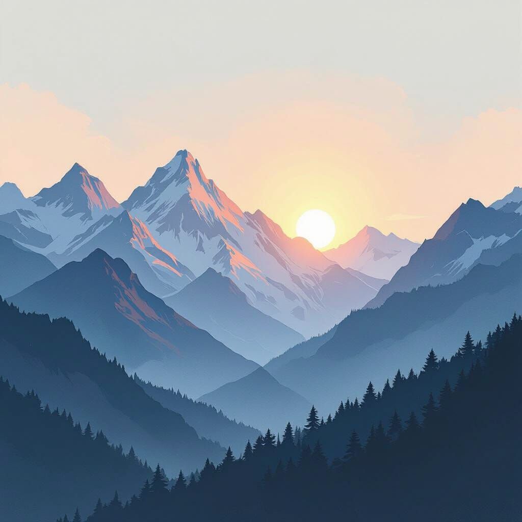 Serene Mountain Sunrise in Digital Watercolor Style