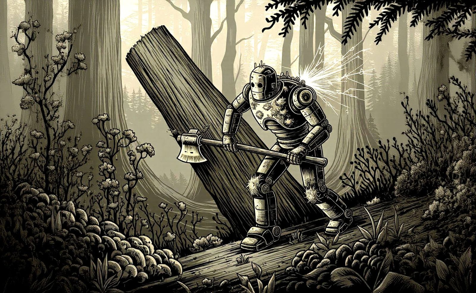Metallic Lumberjack Fells Giant Redwood in Misty Forest