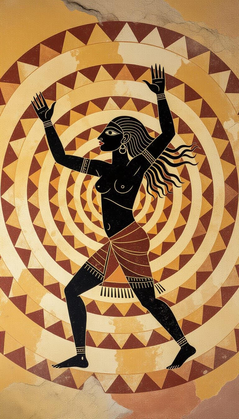 Cave Art of Dancing Silhouette with Spirals
