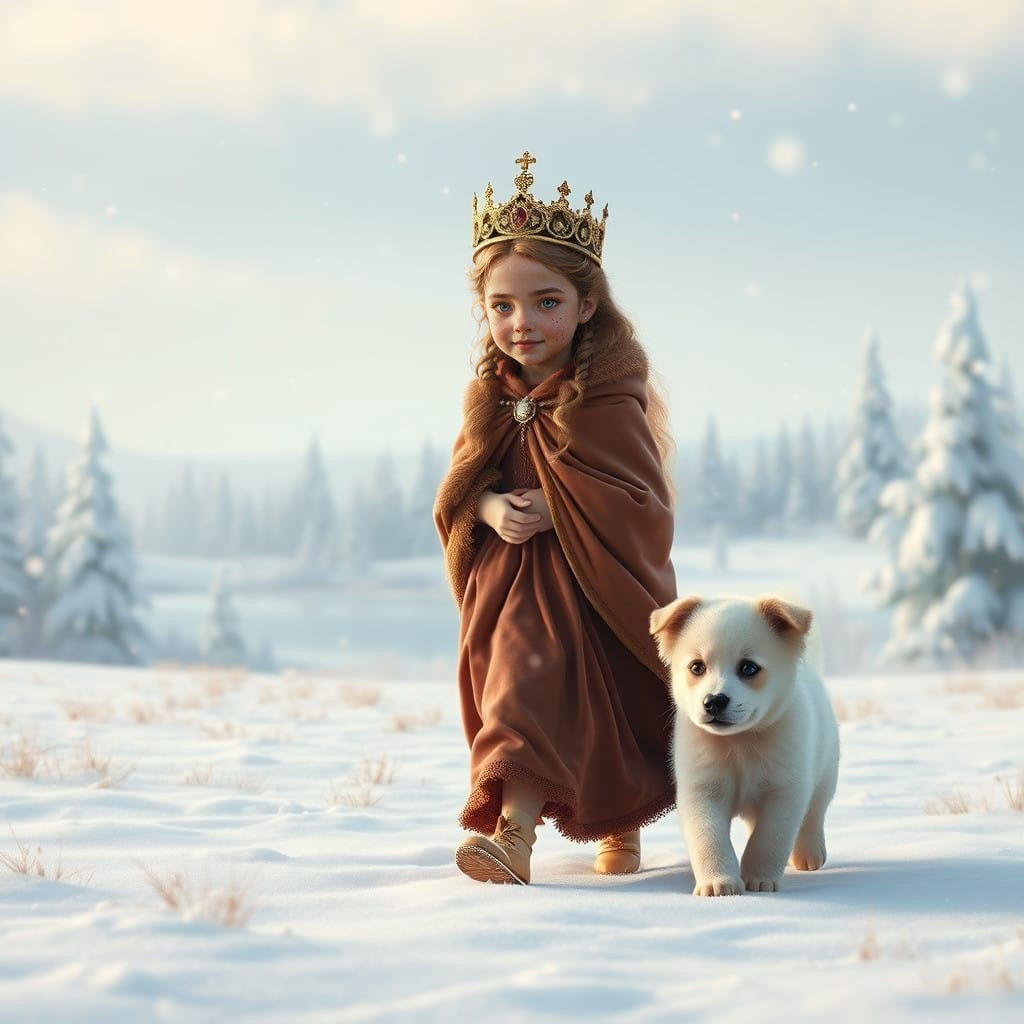 A Little Girl Princess Exploring a Snowy Wonderland with Her...