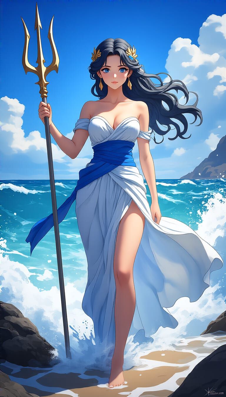Poseidon as a Young Woman in Anime Style