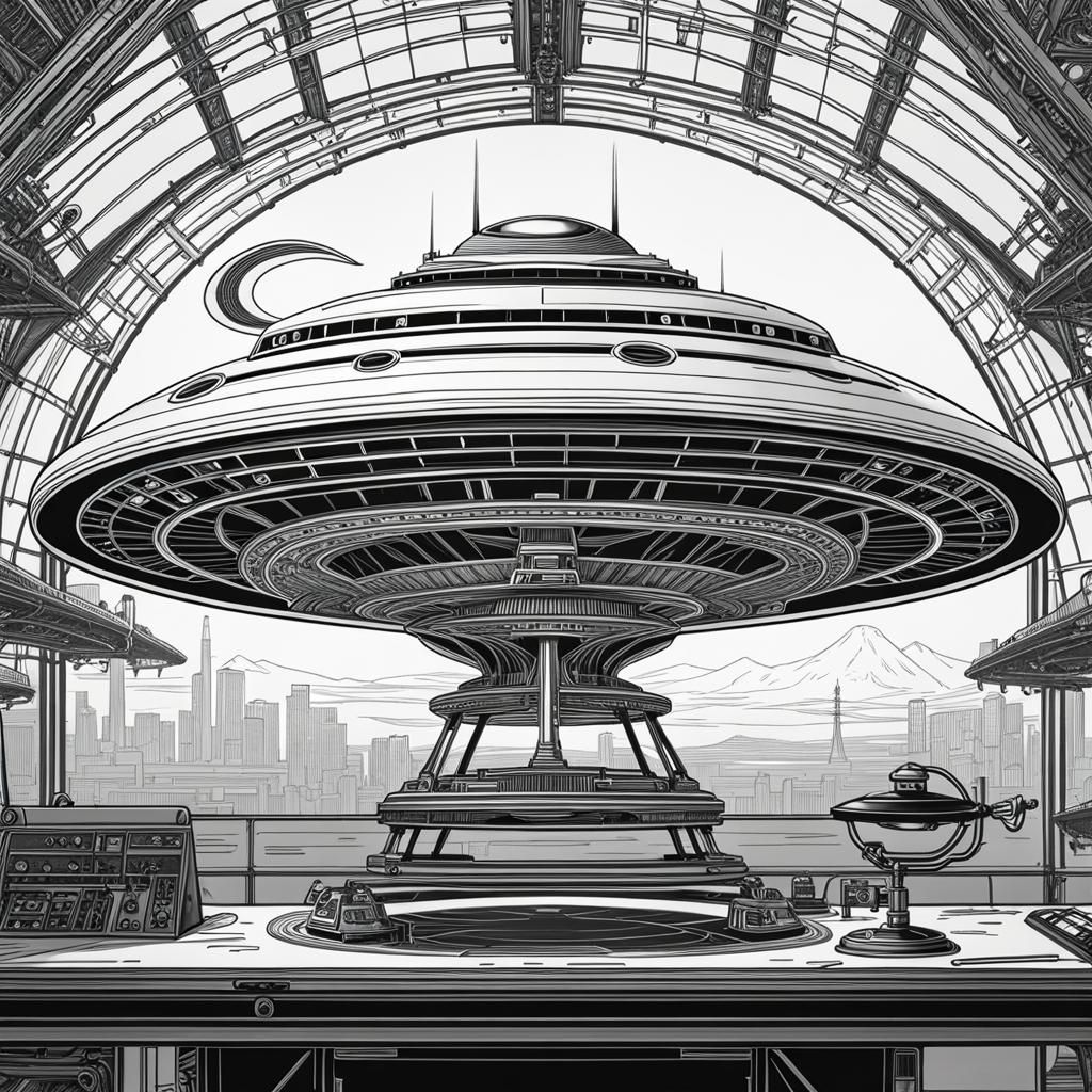 Steampunk UFO Blueline Drawing in Hangar