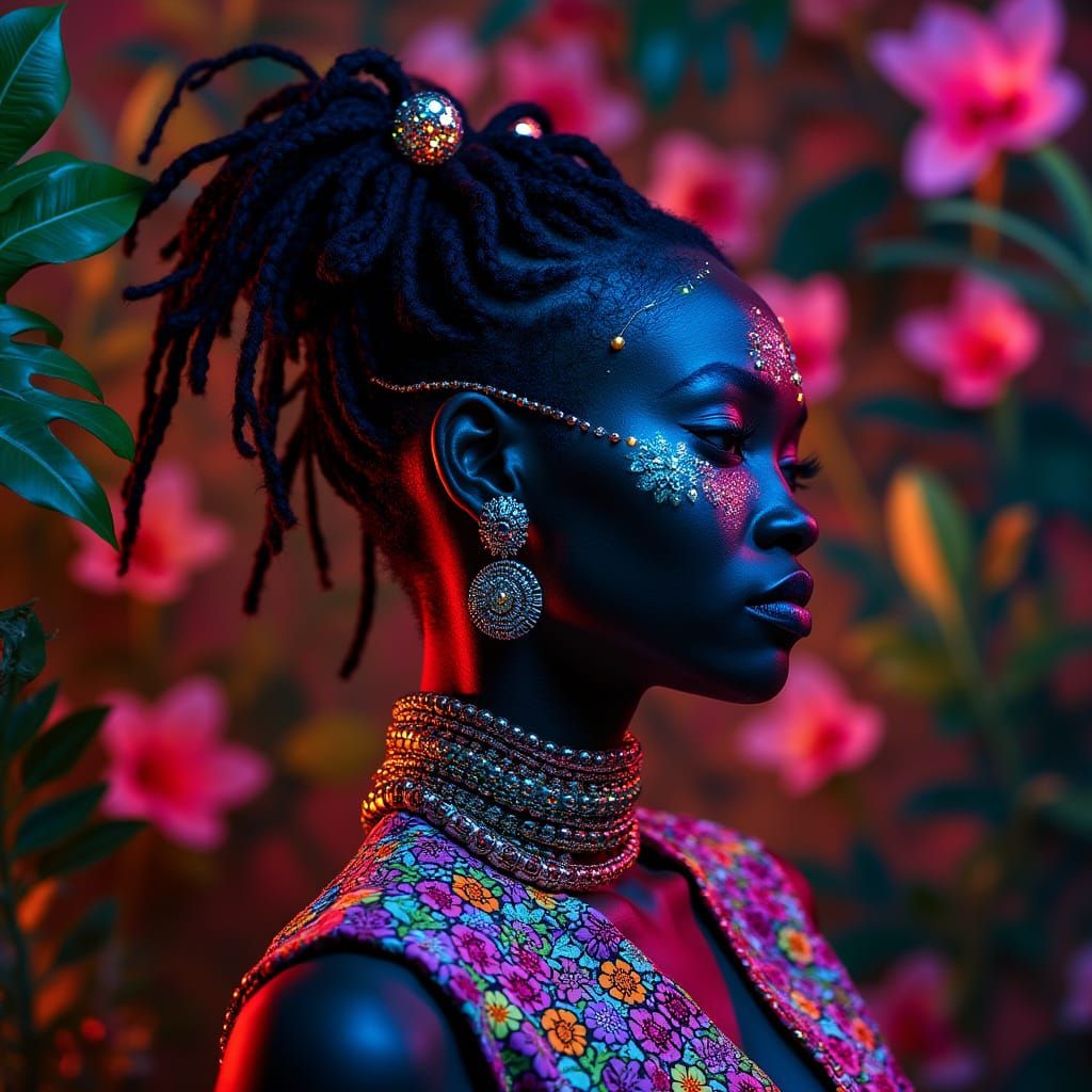 African Goddess in Vibrant Jungle Party Attire