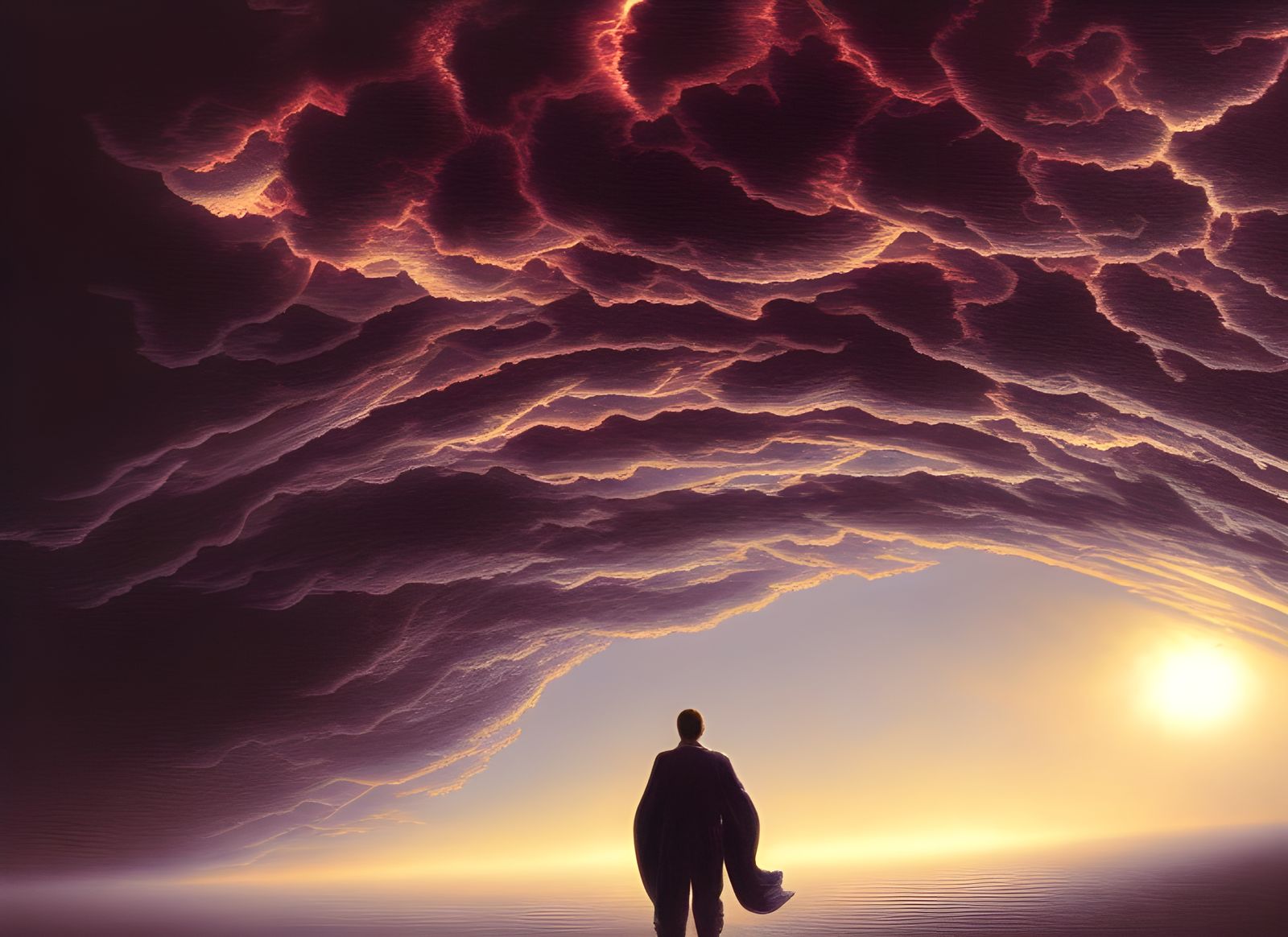 Surreal Walker on Metal Arch in Liminal Space