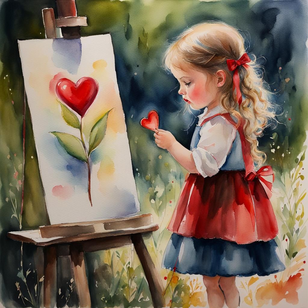 Girl Painting Red Heart in Watercolor Style