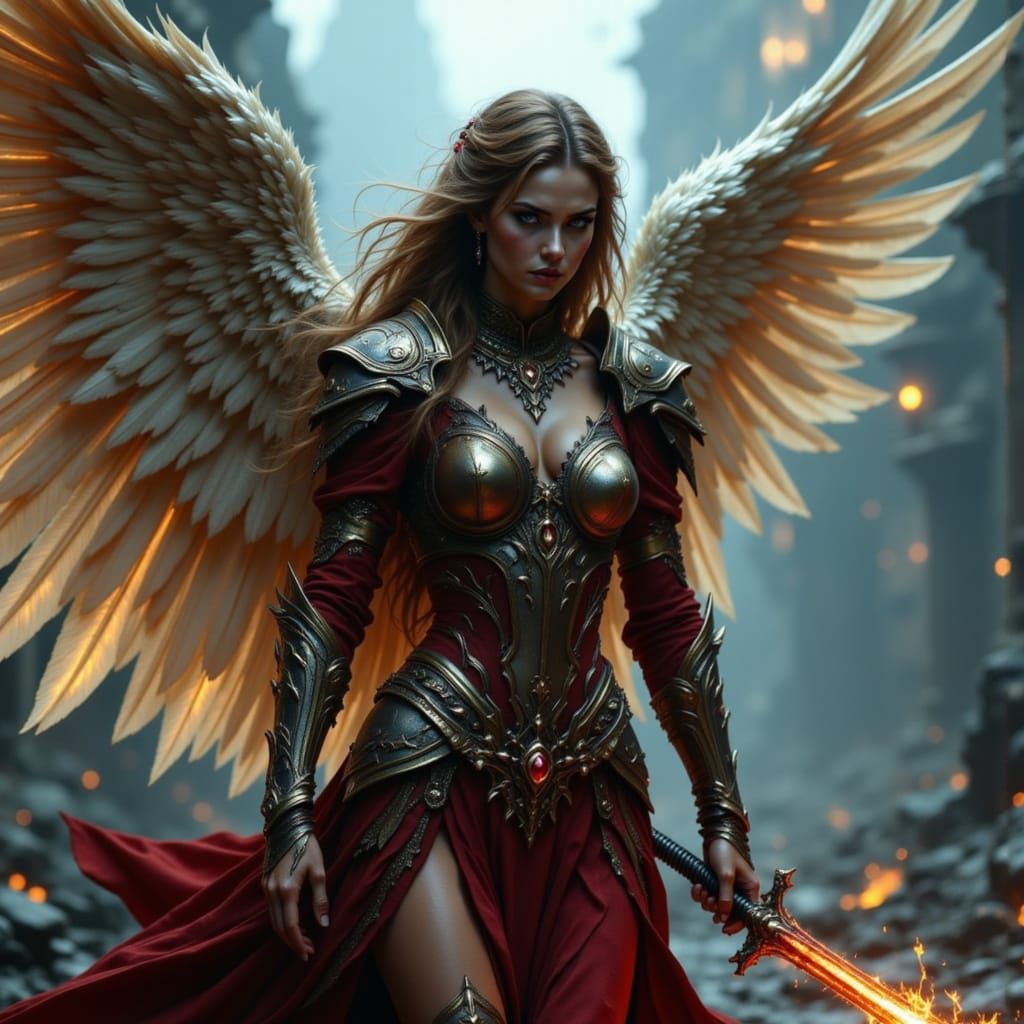 Dark Angel Demon Hybrid in Fiery Cybernetic Style