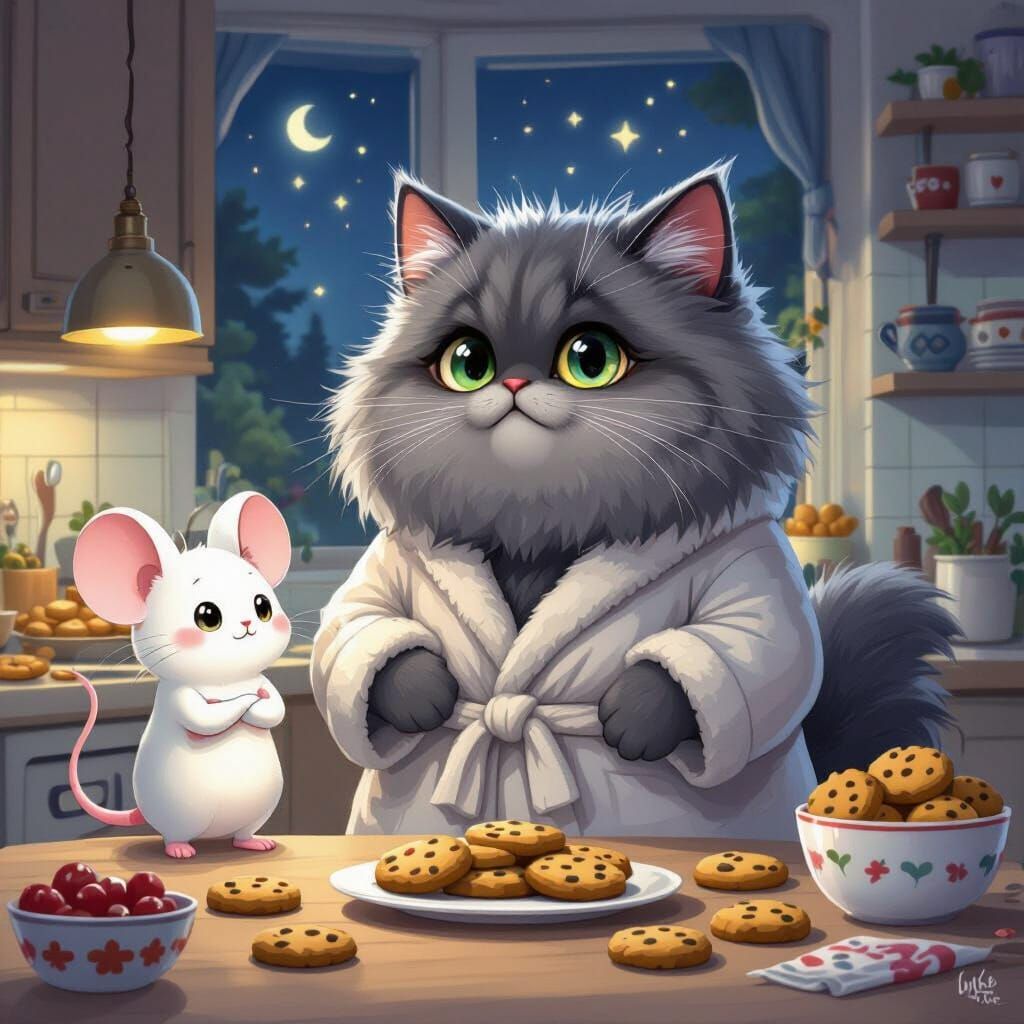 Grumpy Anthropomorphic Cat and Mouse in Sanrio Style