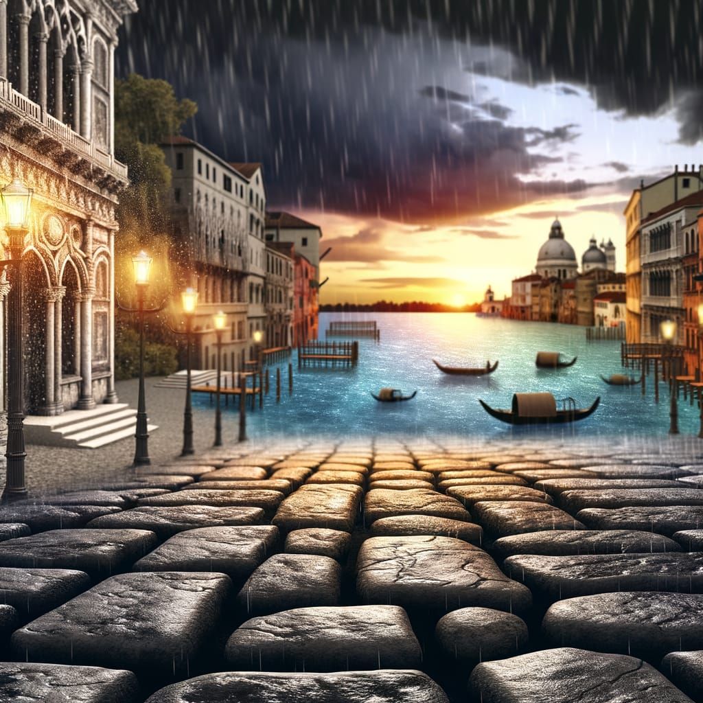 Cobblestone Street at Sunset, Lake, and Ancient Buildings in...