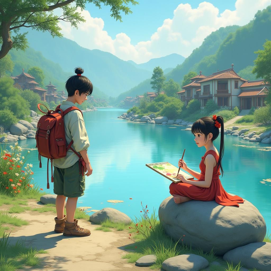 Traveler Meets Artist by Serene River in Village