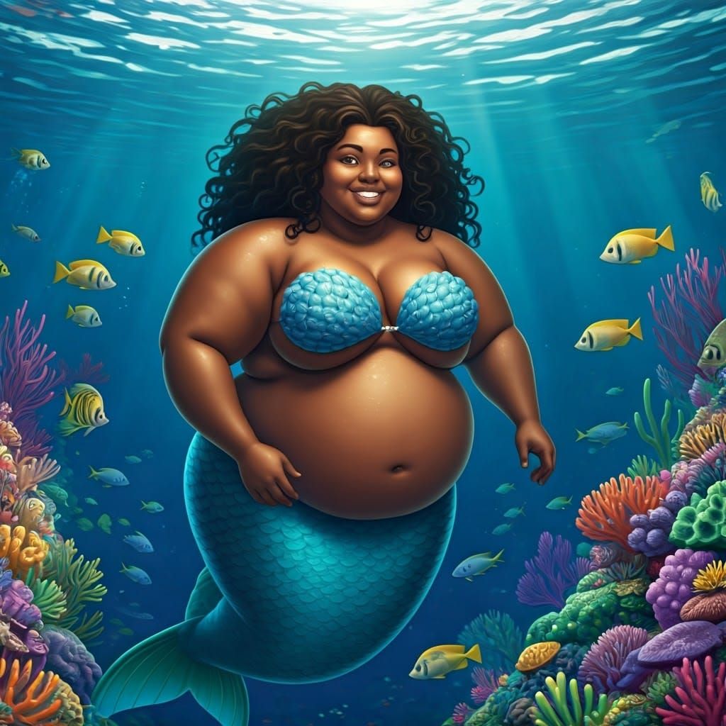 Smiling Black Mermaid in Tropical Sea