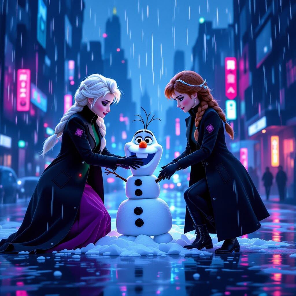 Cyberpunk Elsa and Anna Build Olaf in Rainy City