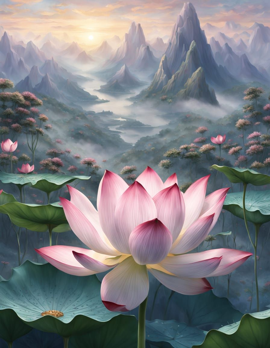 Giant Lotus Flower on Misty Mountaintop