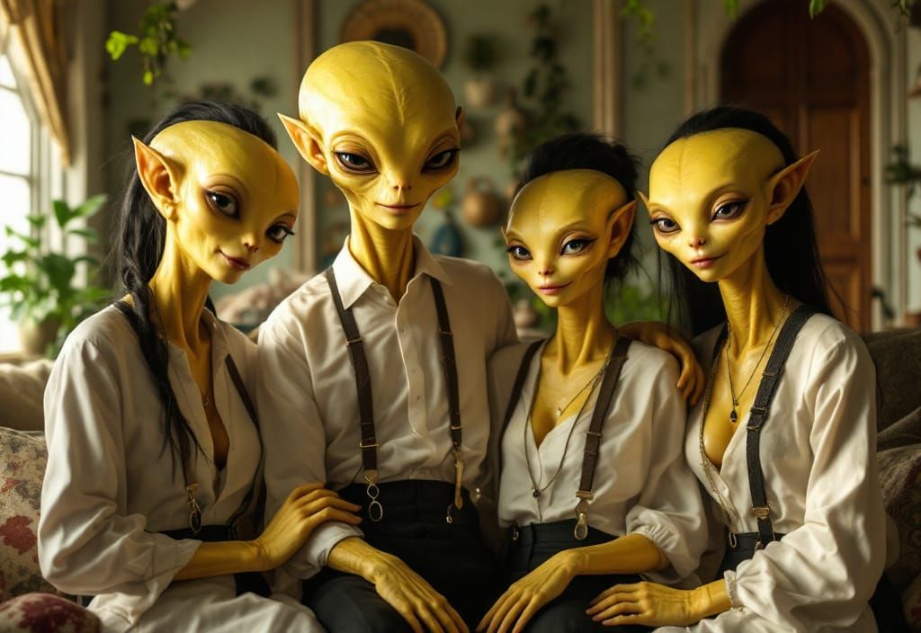 Contented Alien Family in a Beautiful Home