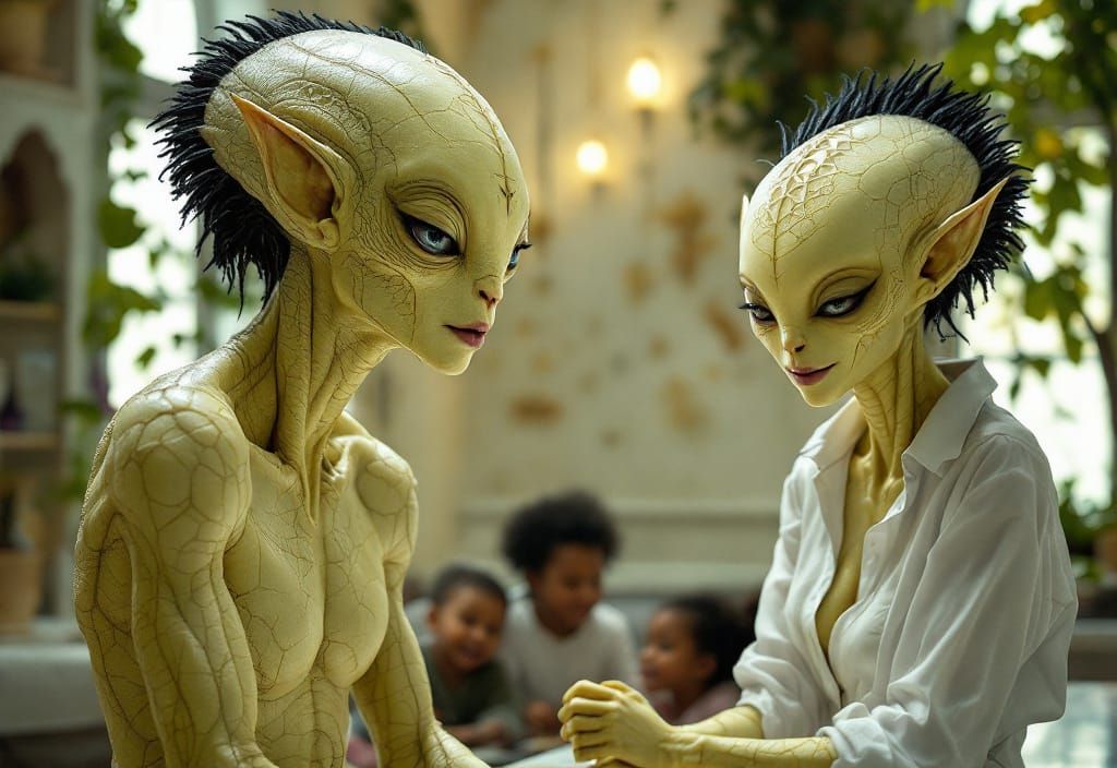 Smiling Aliens in a Beautiful Home