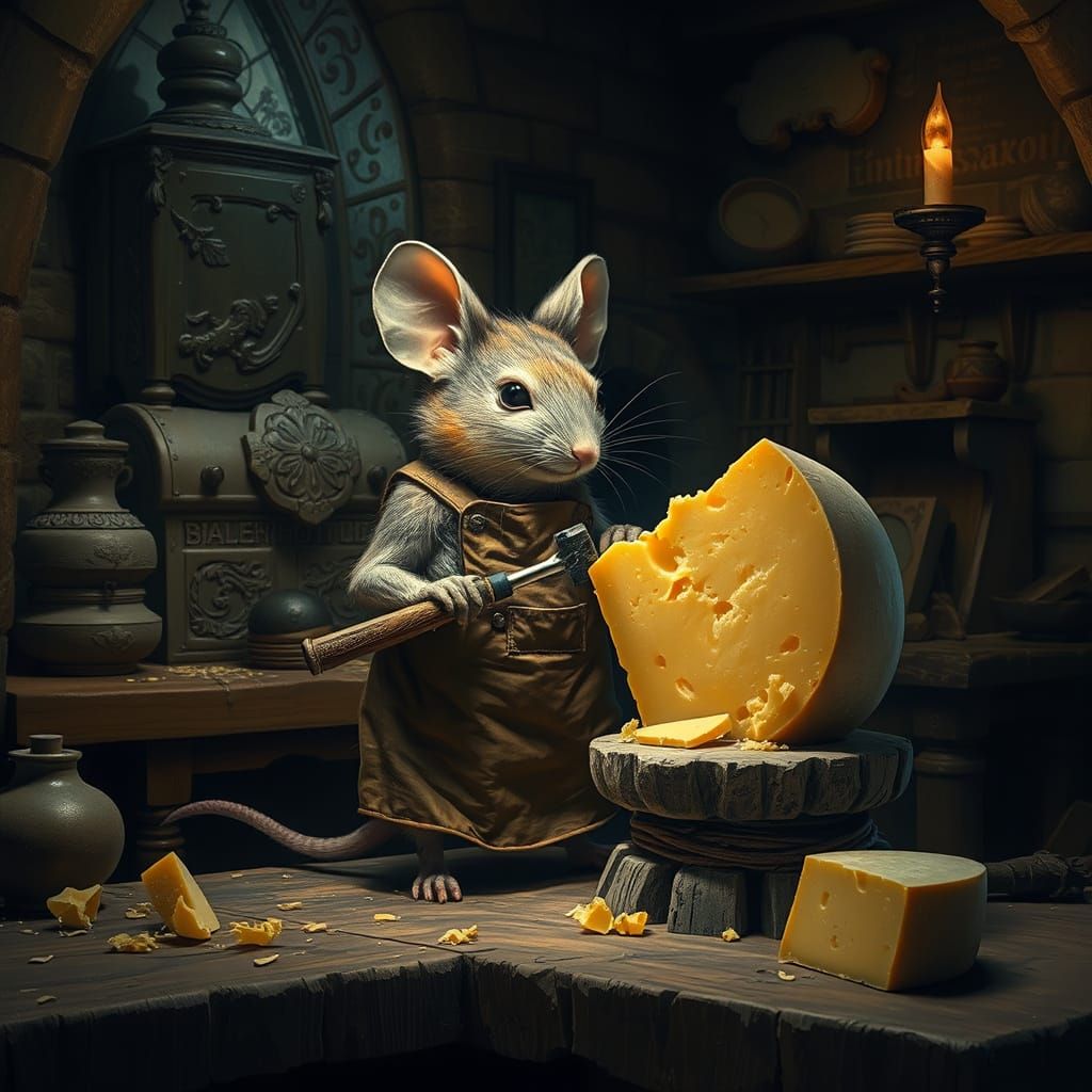 Mouse Artisan Carving Cheese Statue in Ornate Studio