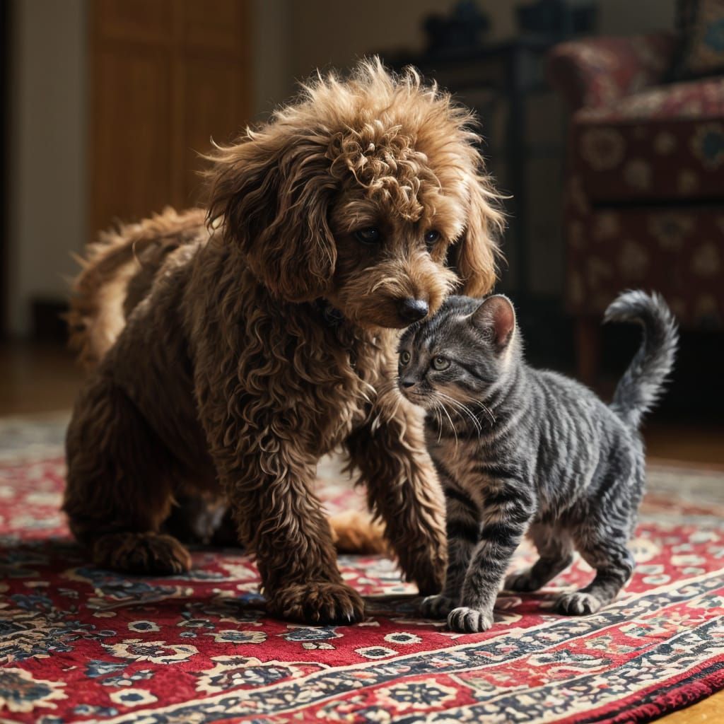 Poodle and Tabby Play Fighting: Hyperrealistic Splash Art