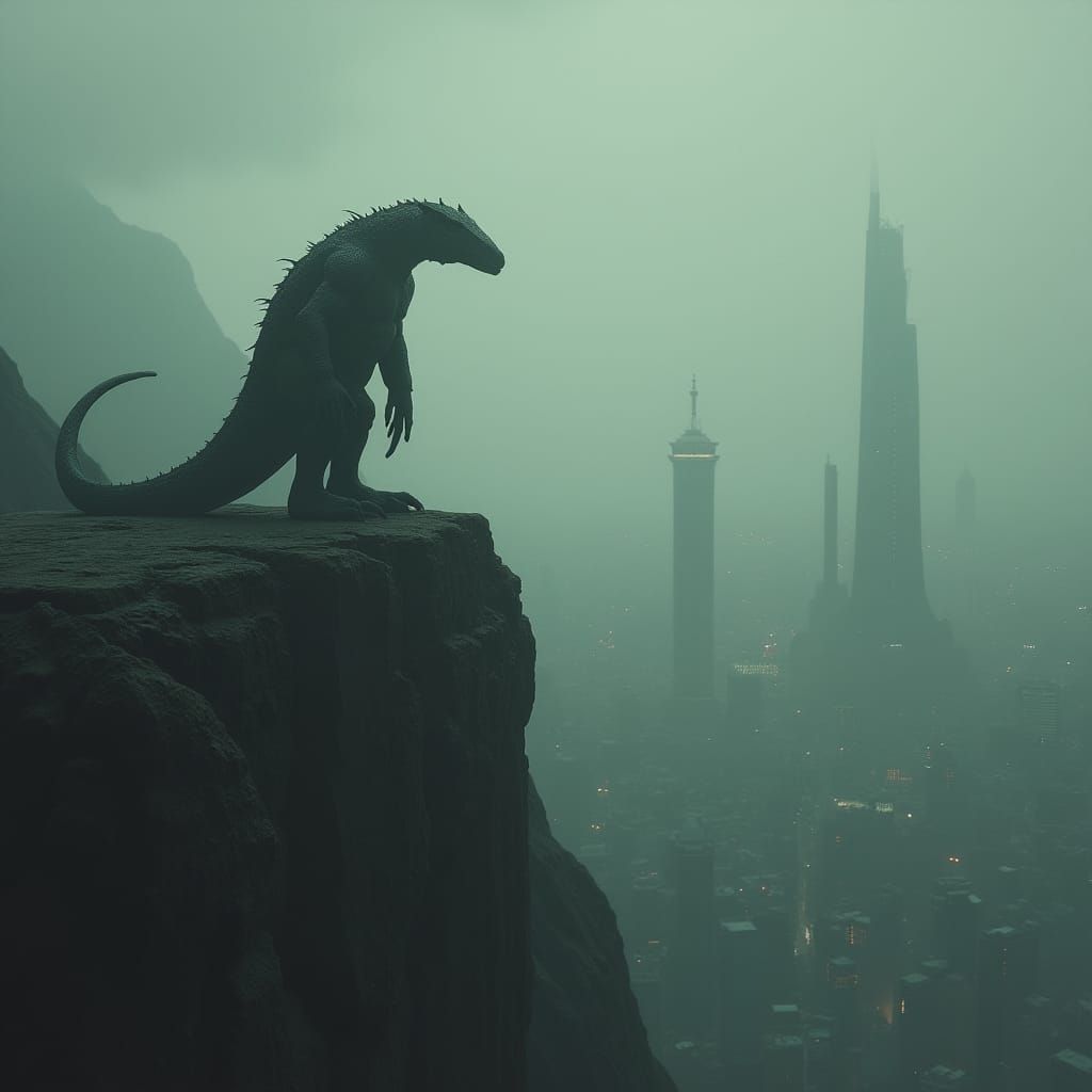 Reptilian Overlord in Dystopian Cityscape