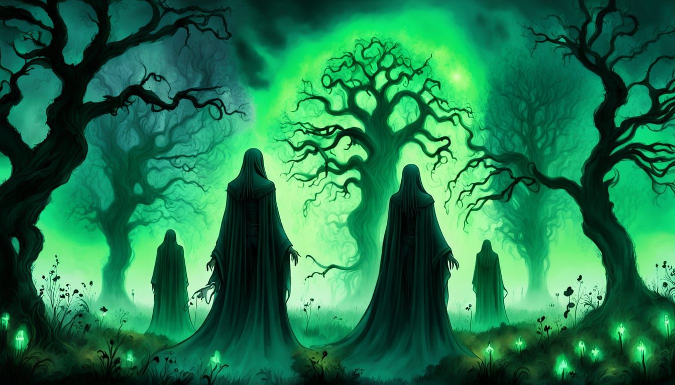 Ethereal Gothic Scene with Ghostly Figures and Glowing Green...