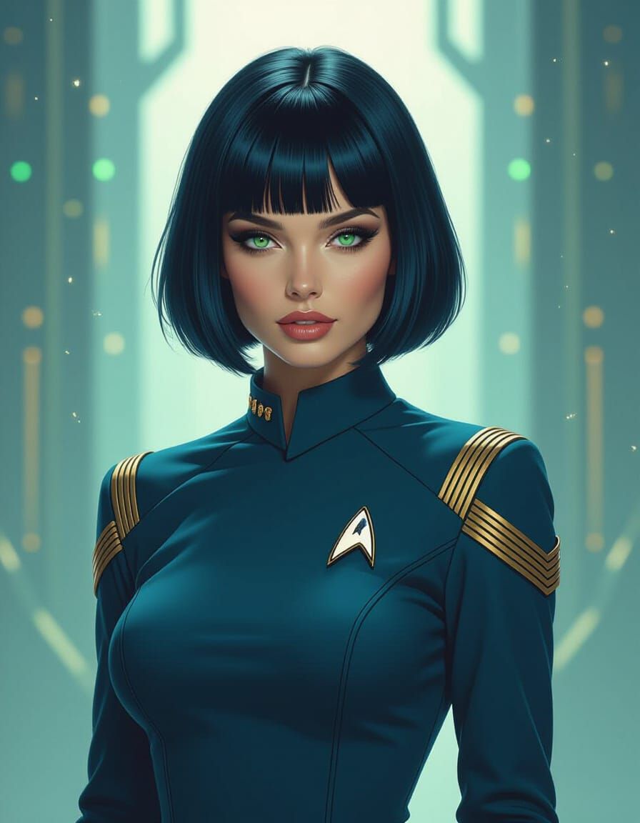 Starfleet Officer with Blue Bob and Green Eyes