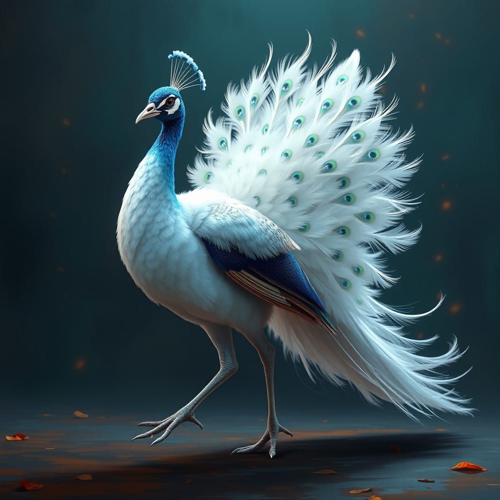 White and Blue Peacock Strides in Elegant Motion