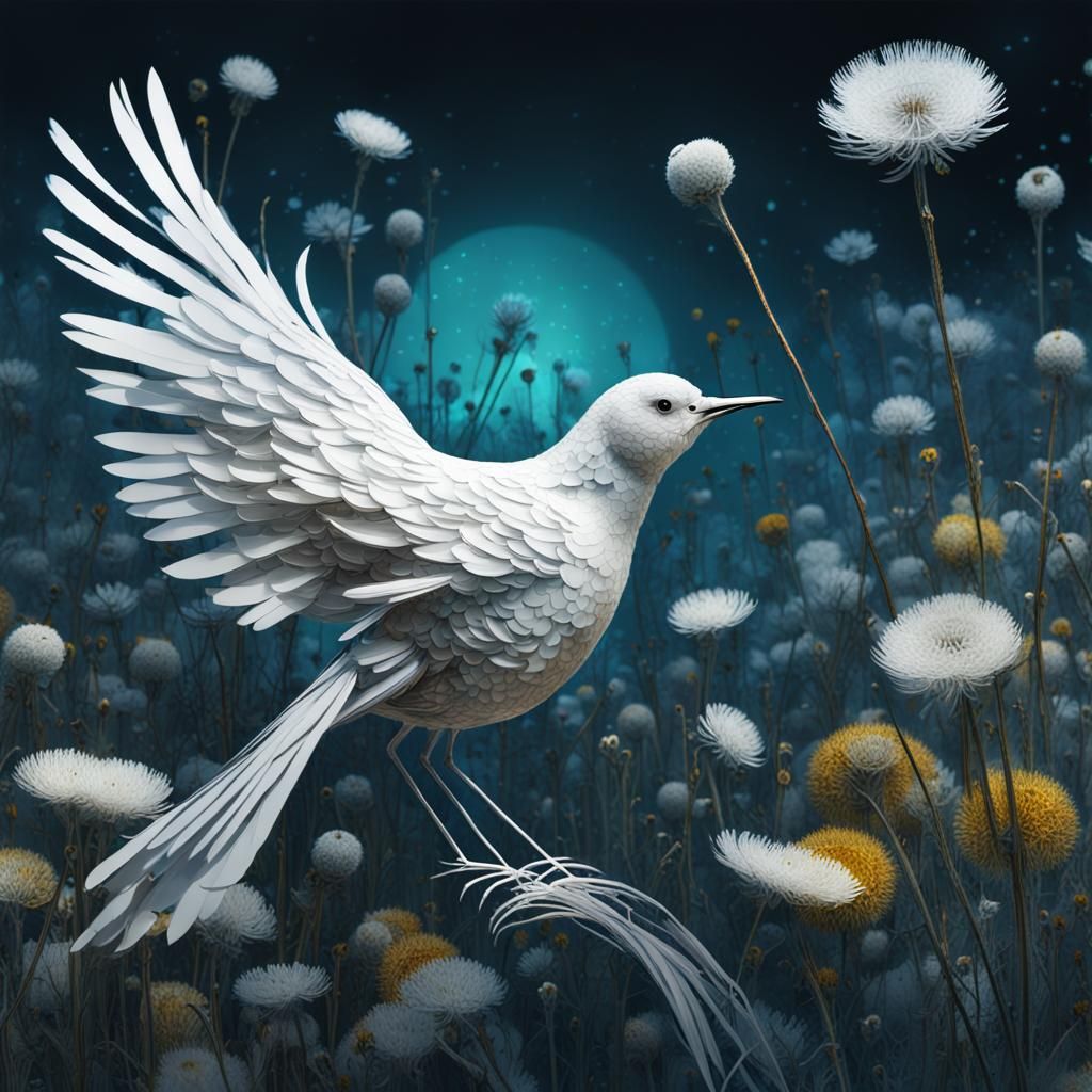 Floral White Bird in Dandelion Dreamscape
