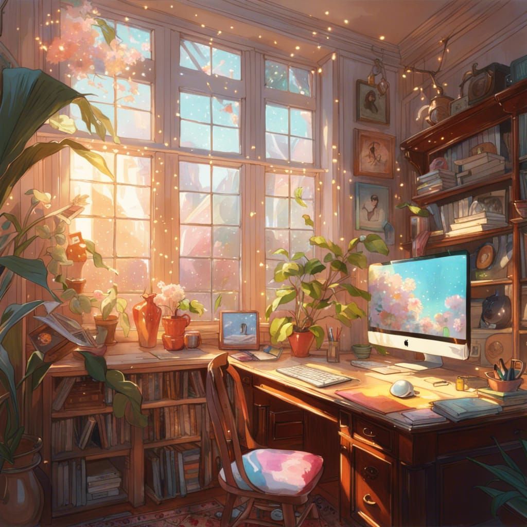 Dreamy Home Office with Library and Computer