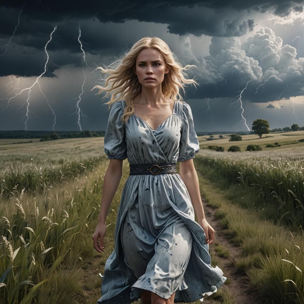Girl in Field During Thunderstorm: Fantasy Concept Art
