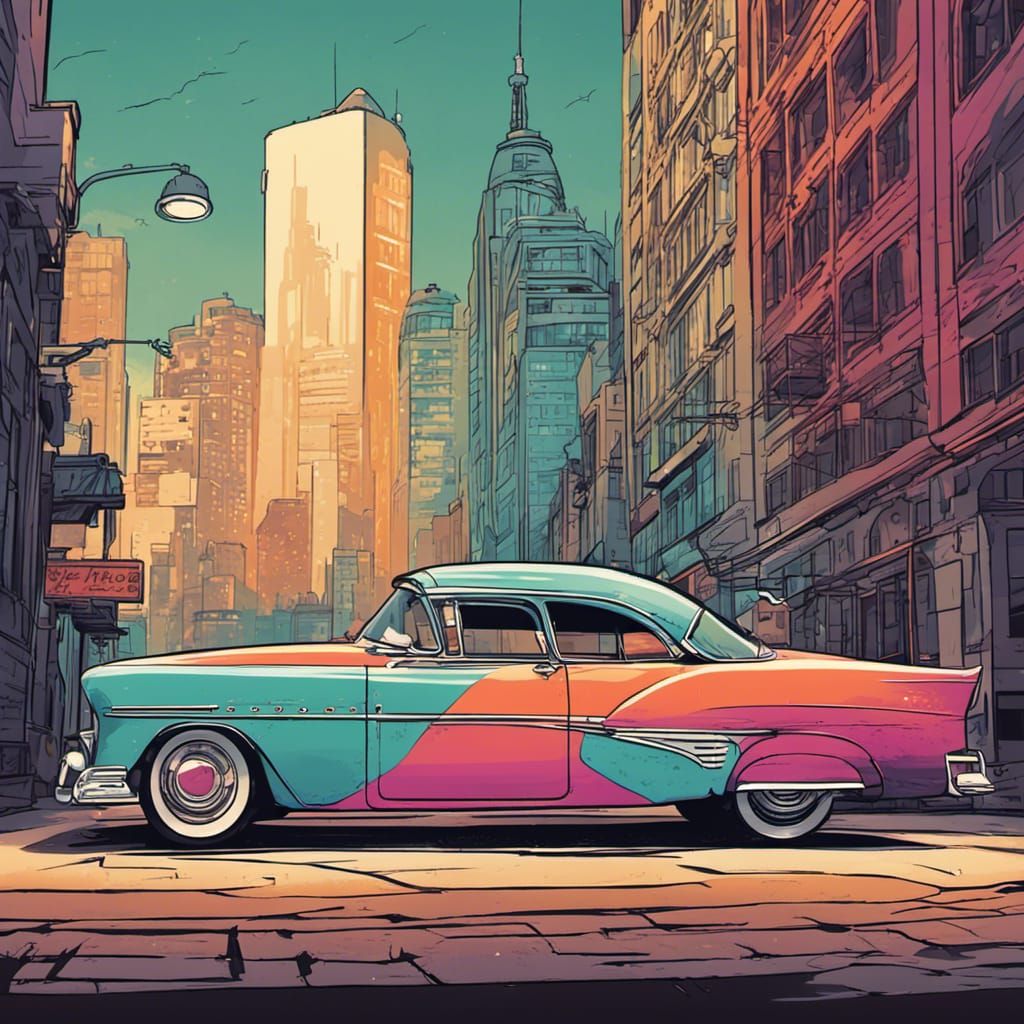 Vintage 50s Car in Colorful Cityscape