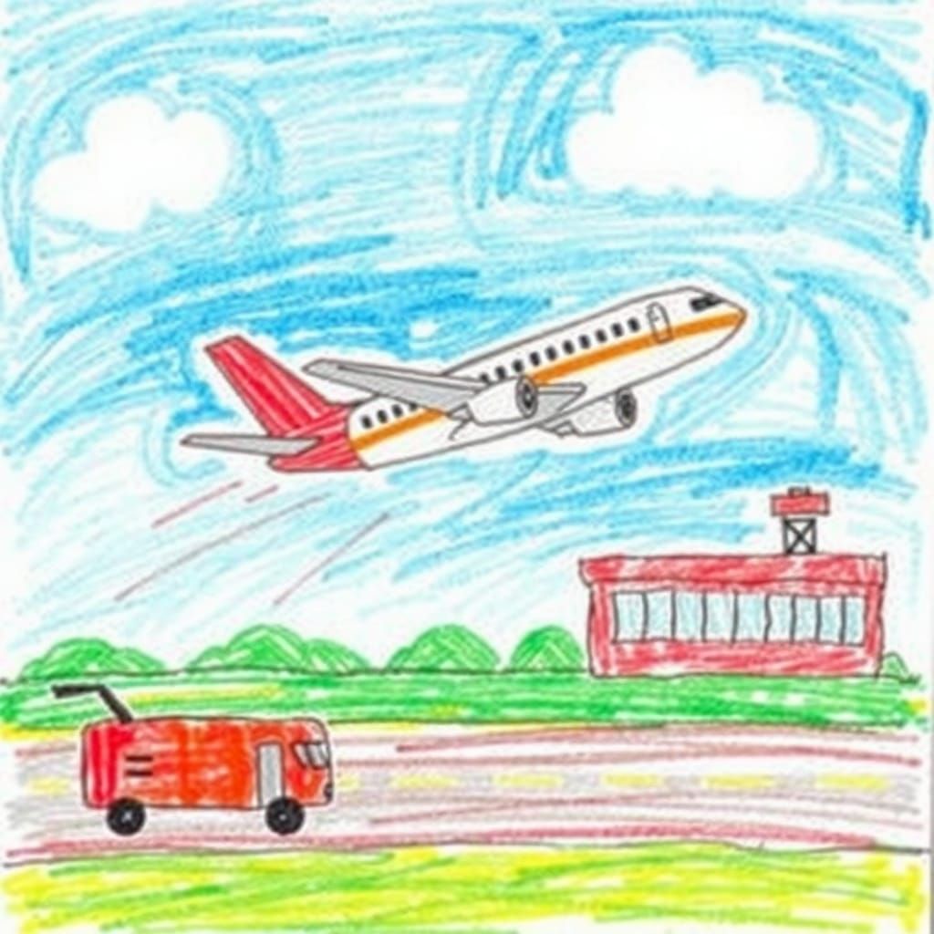 Childlike Crayon Drawing of Airplane Taking Off