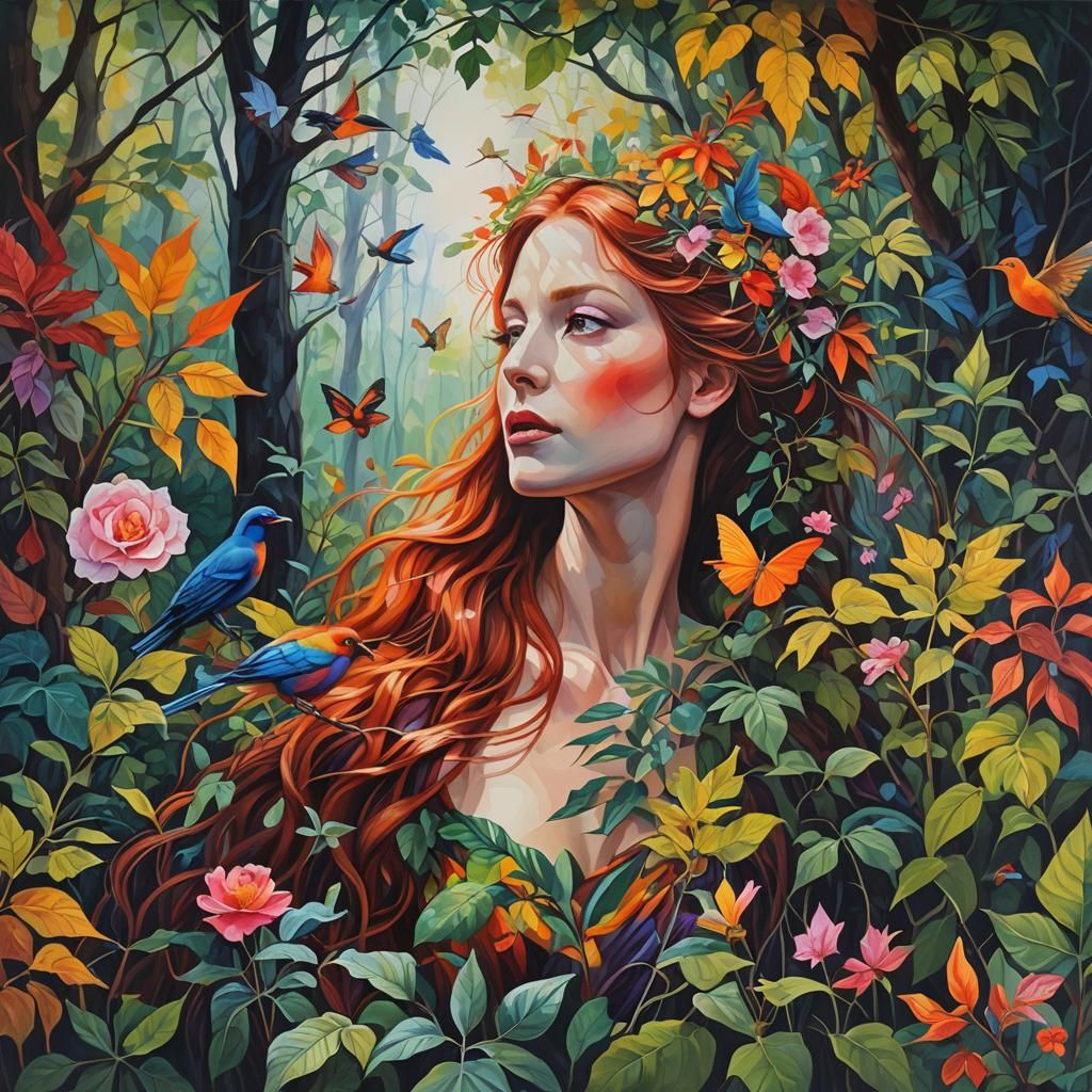 Mysterious Woman in Magical Forest, Oil Painting