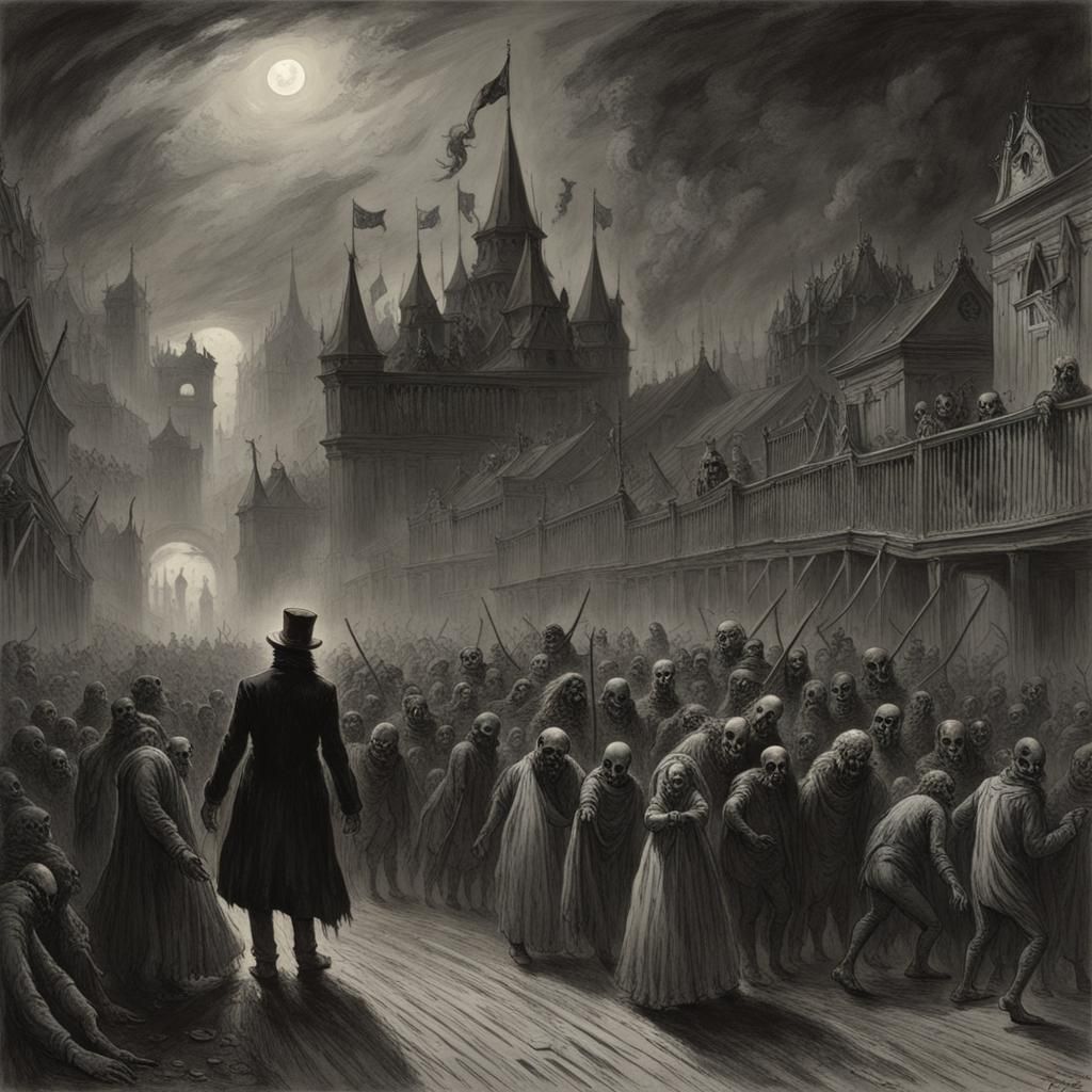 Apocalyptic Carnival Scene in Dark Engraving Style