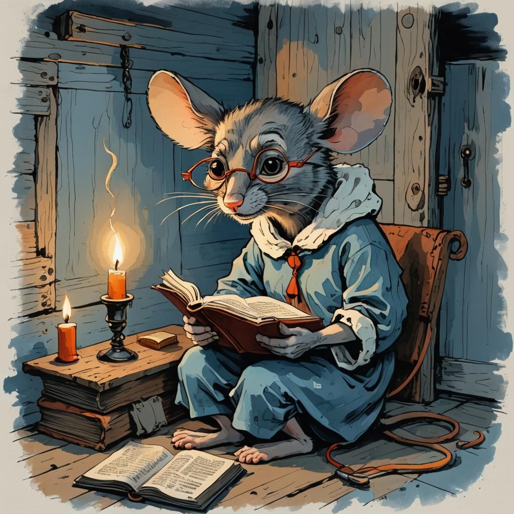 Mouse Watching Woman Read Bible: Abstract Expressionism