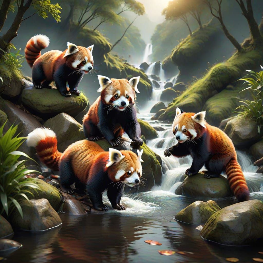 Red Pandas in a Majestic Digital Landscape