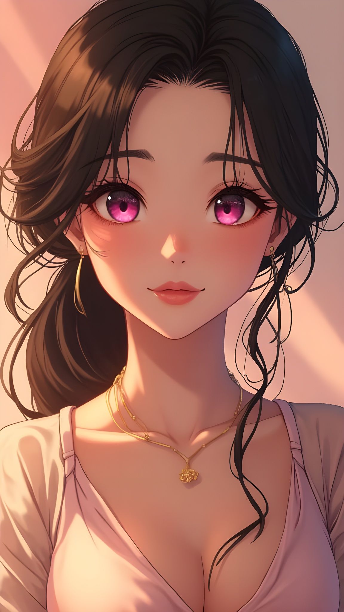 Elegant Anime Woman with Pink Eyes in Realistic Style